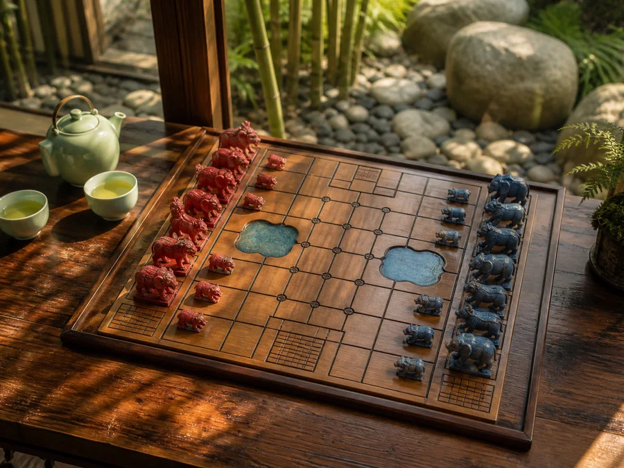 A 7×9 Jungle Chess opening with eight red and eight blue animals, rivers, dens, and traps