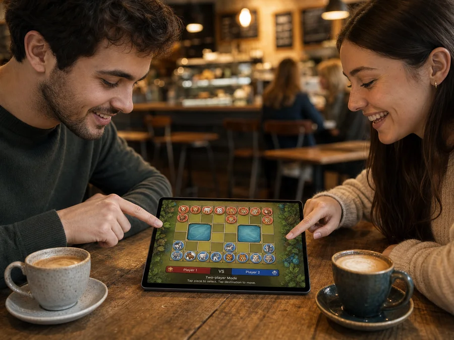 Two people playing Jungle Chess together on one tablet